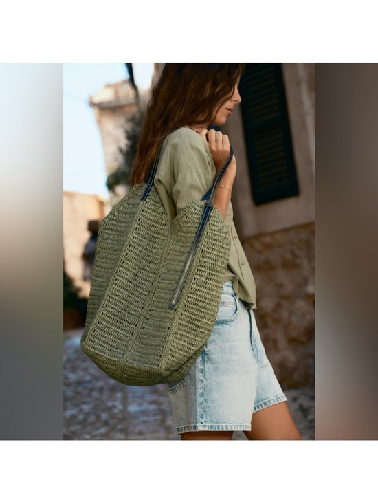 Zara Handbags - Zara Olive Woven Tote Bag with Dark Handles